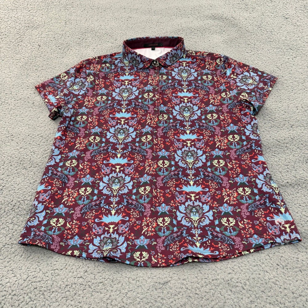 Greyson Golf Polo Shirt Womens XL Burgundy Damask Floral Wolf Print Short Sleeve